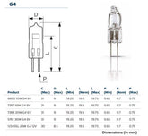 High efficiency 6V 10W G4 halogen lamp with low heat emission and detailed dimensions diagram.